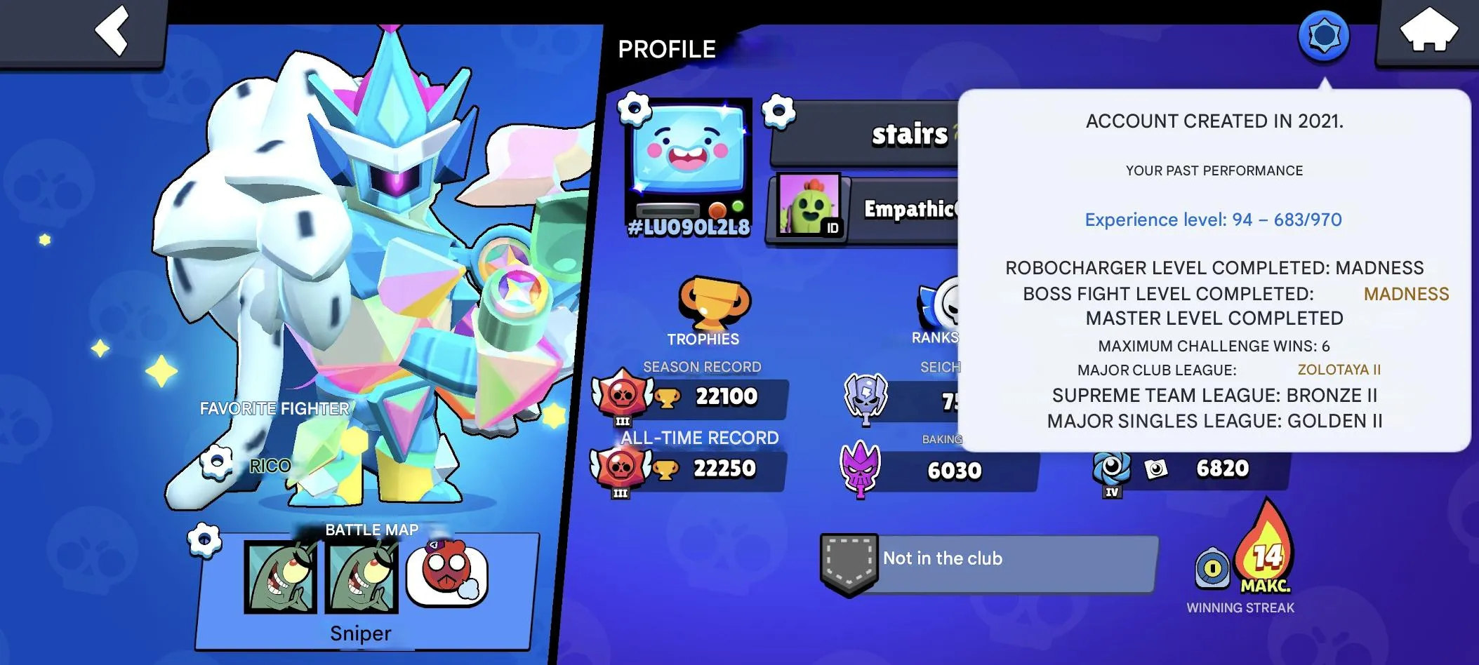 BS1903 22100 Trophies 80/97 Brawlers 130+ Skins El Sponge 6 Hypercharges 2 Titles 16 Town Hall Clash 